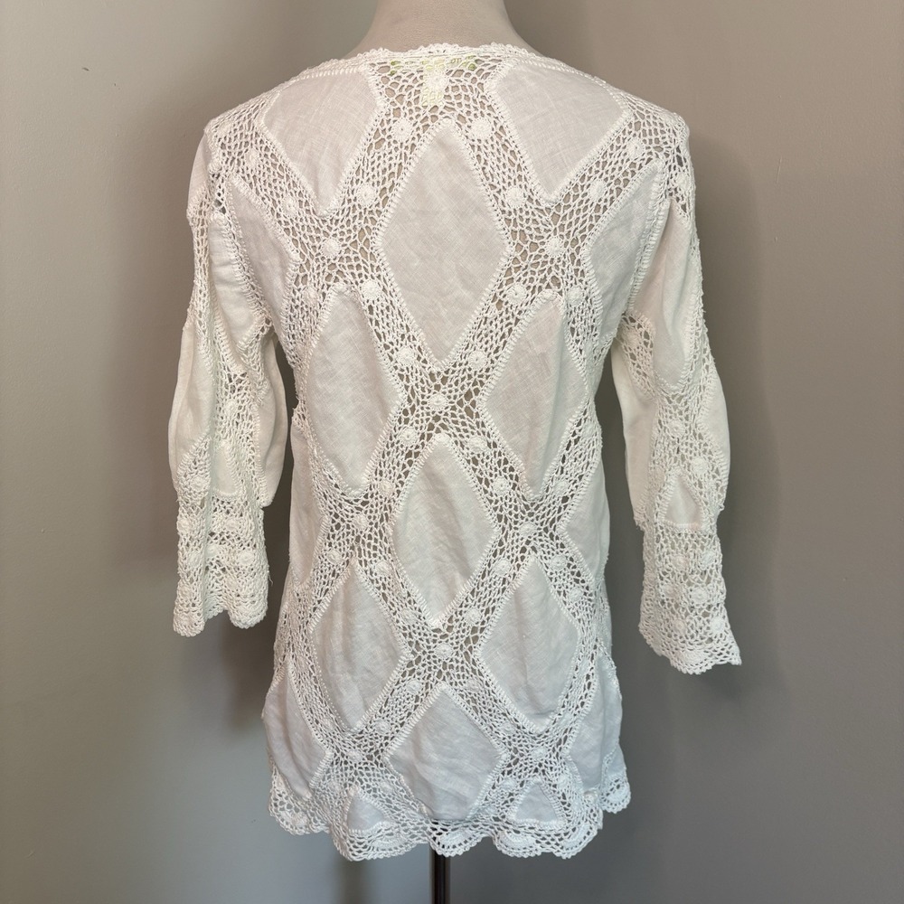 Sigrid Olsen VTG White Linen Crochet Tunic Top Lace Diamond Y2K Boho Sz Medium M - Picture 4 of 8
